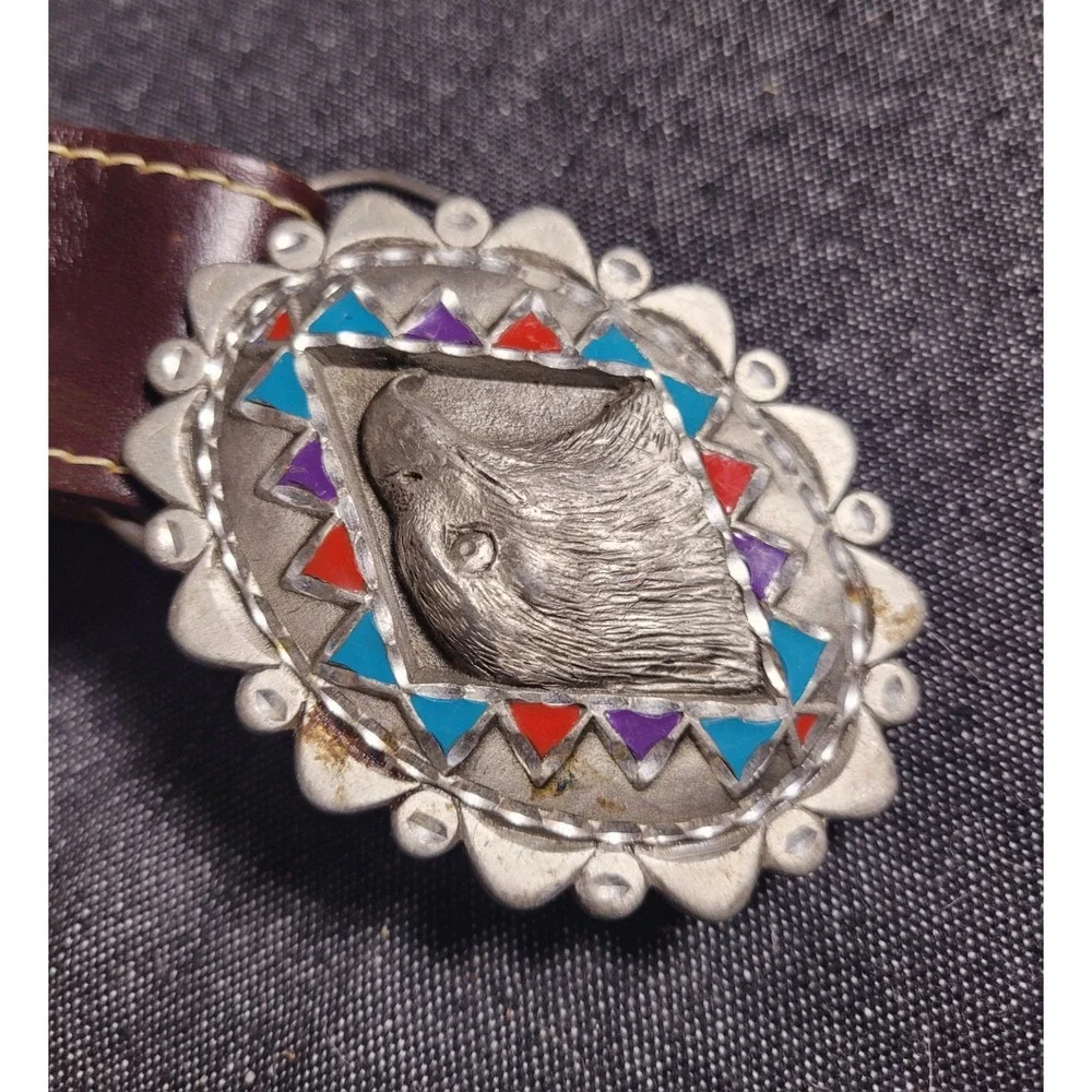 Vinatge‎ Texas Sterling Leather Belt Tooled Blue Inlay Buckle Eagle Western 36